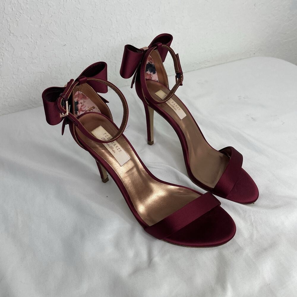 Ted Baker Bow Heeled Satin Maroon Sandals Size 6.5/EU37, Designer, glam, elegant